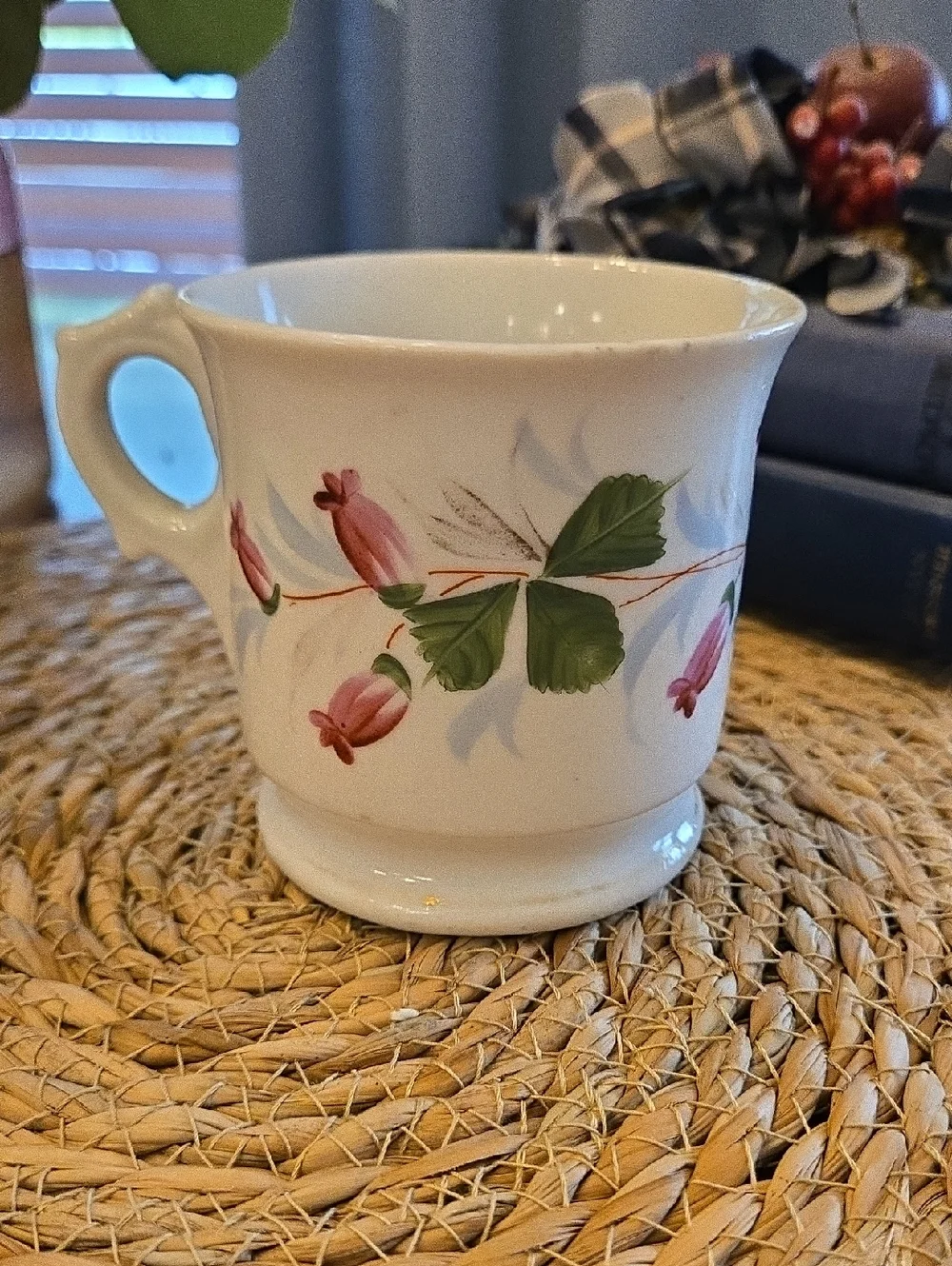 Vintage White Floral Ceramic Shaving Mug with Pink Flower Accent
